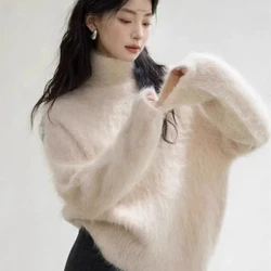 Soft and Sticky Imitation Mink Fur High Neck Sweater Women's Lazy Style Knitted Sweater Atmospheric Top