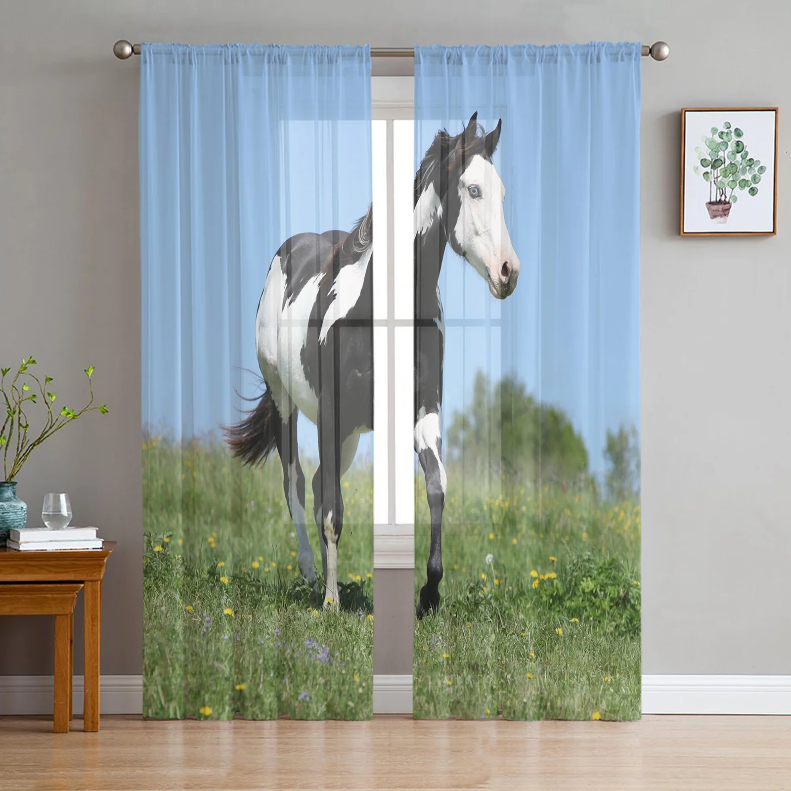 Horse Green Meadow Flower Animal Sheer Curtains for Living Room Bedroom Decoration Chiffon Tulle Voile Kitchen Window Curtain