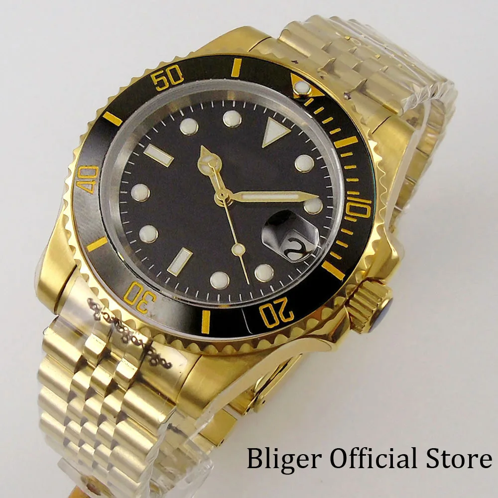 

BLIGER 40mm Gold Coated PT5000 NH35 MIYOTA 8215 Movement Automatic Men Watch Sapphire Crystal Slide Glide Lock Glass Back