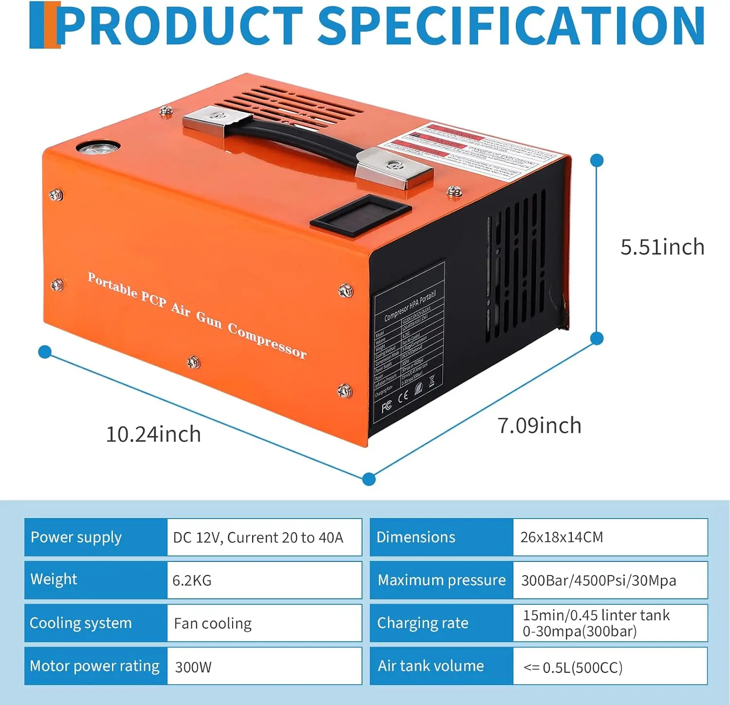 TWISTER.CK 4500PSI Portable PCP Air Compressor, 12V DC 110V AC, Oil-Free Fast Fill Pump with Built-In Fan, for Paintball, Air Rifle, Scuba Tank, Easy Carry