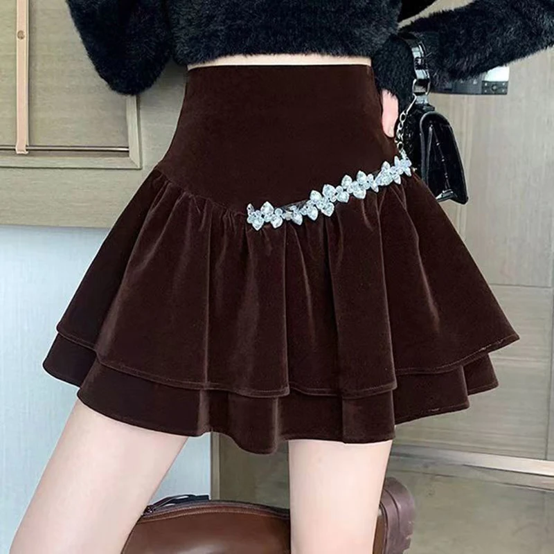 New gold velvet pleated cake short skirt women spring autumn elastic high waist slimming elegant sweet A-line half skirt