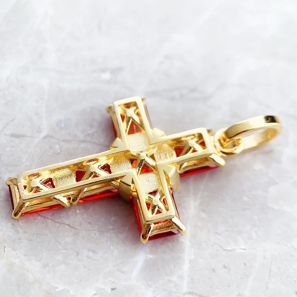 Golden Cross With Orange Stones Pendant Brand New Fine Jewelry Europe 925 Sterling Silver Accessories Gift For Woman