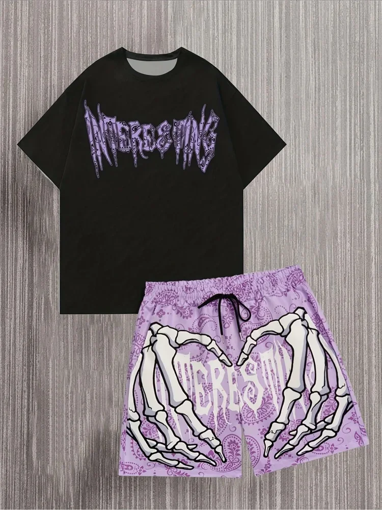 

New Fashion Graffiti Print Set Y2K Quick-Dry Sports Fitness T-Shirt & Drawstring Shorts Streetwear Casual Men's Set