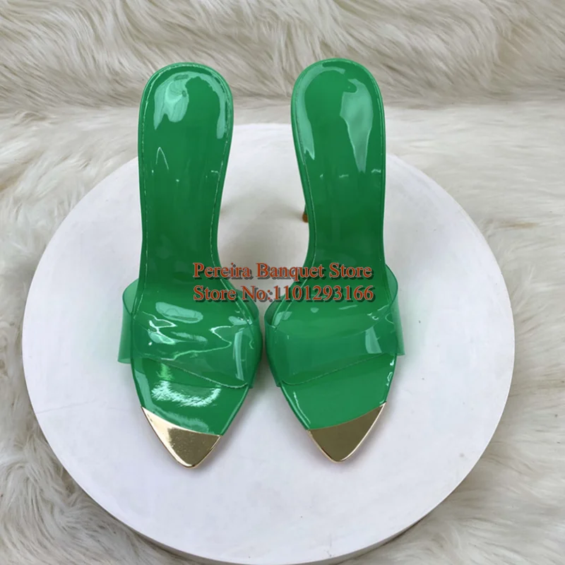 Sandales à talons hauts et bout pointu en métal pour femmes, pantoufles d'été en cuir verni PVC violet vert à enfiler, chaussures habillées de 12cm