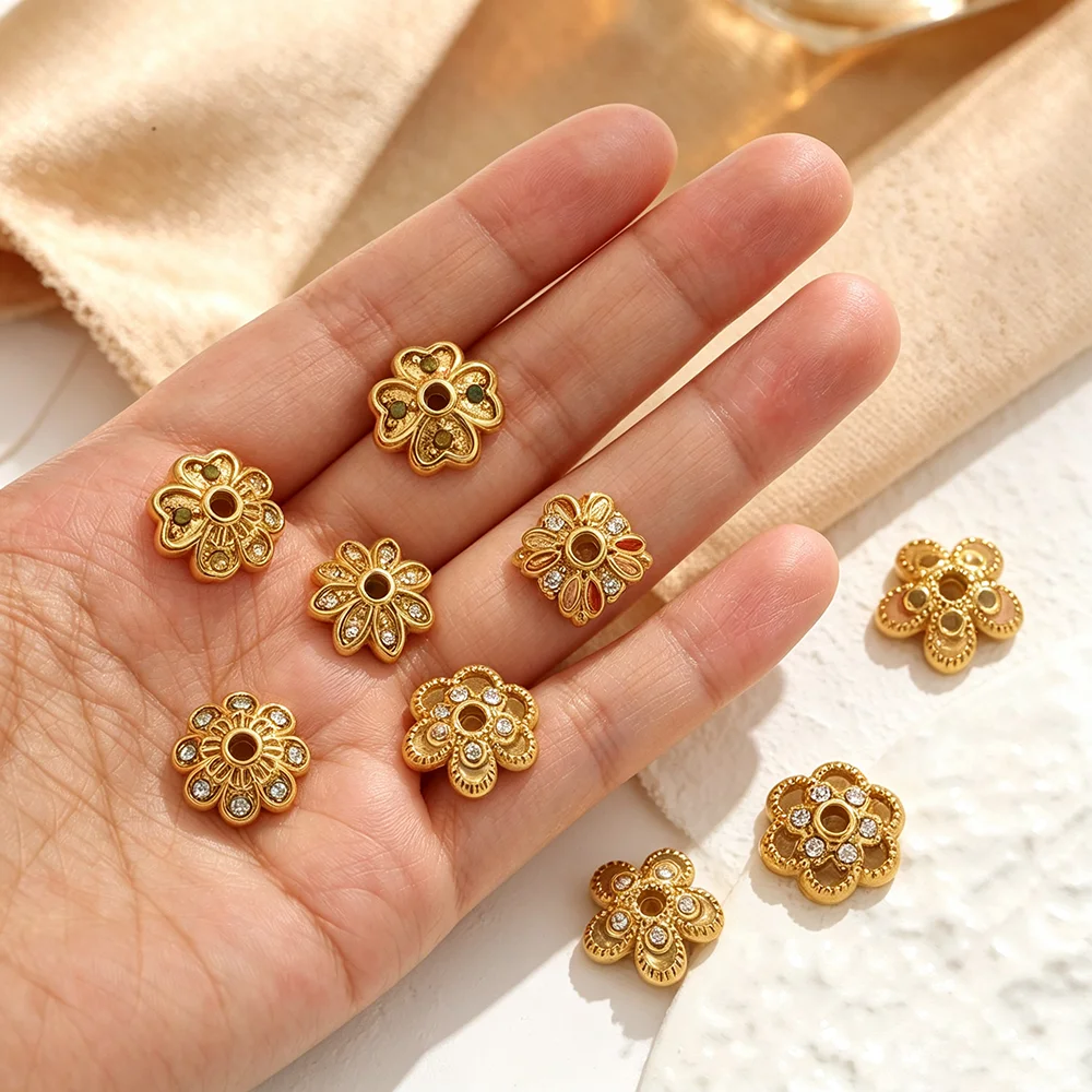 6pcs 18K Gold Plated Stainless Steel Flower Beaded Women Enamel Crystal Beads DIY Jewelry Bracelet Necklace Findings Accessories