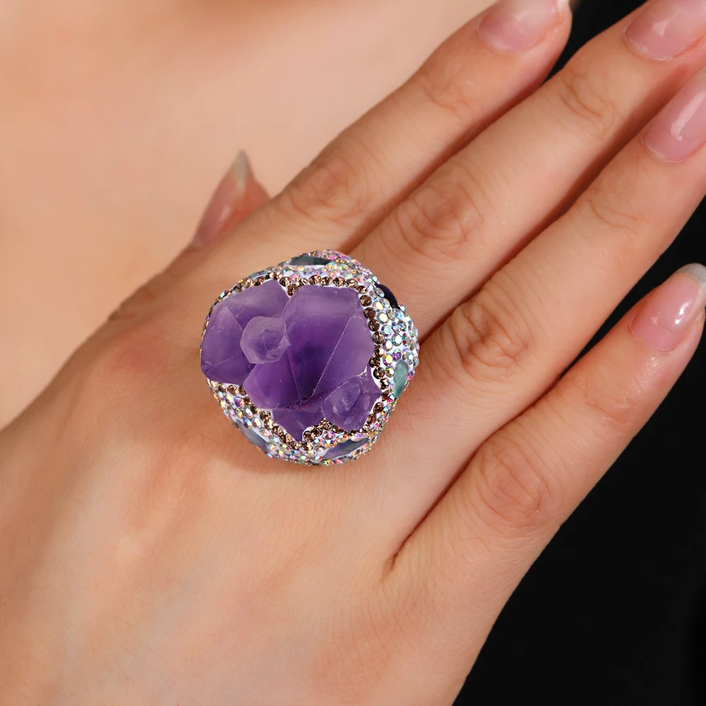 Handgefertigter natürlicher Amethyst Druzy Aquamarin Rohstein Ring Unregelmäßiger Kristall Verstellbare Öffnung Boho Damenschmuck Geschenk für Sie – Detail 3
