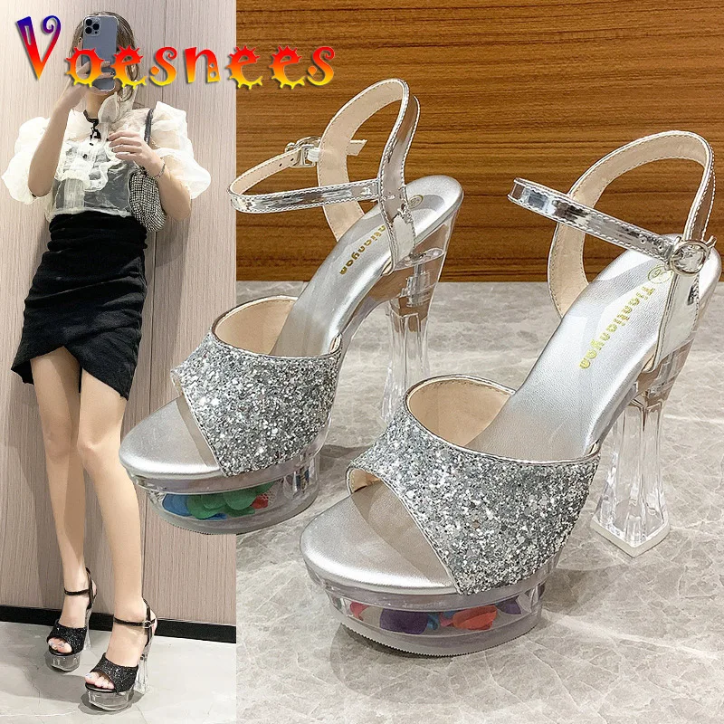 New Women Sandals Summer Transparent Petal Platforms Wedding High Heels Fashion Bridal Glitter Silvery Crystal Square Heel Shoes