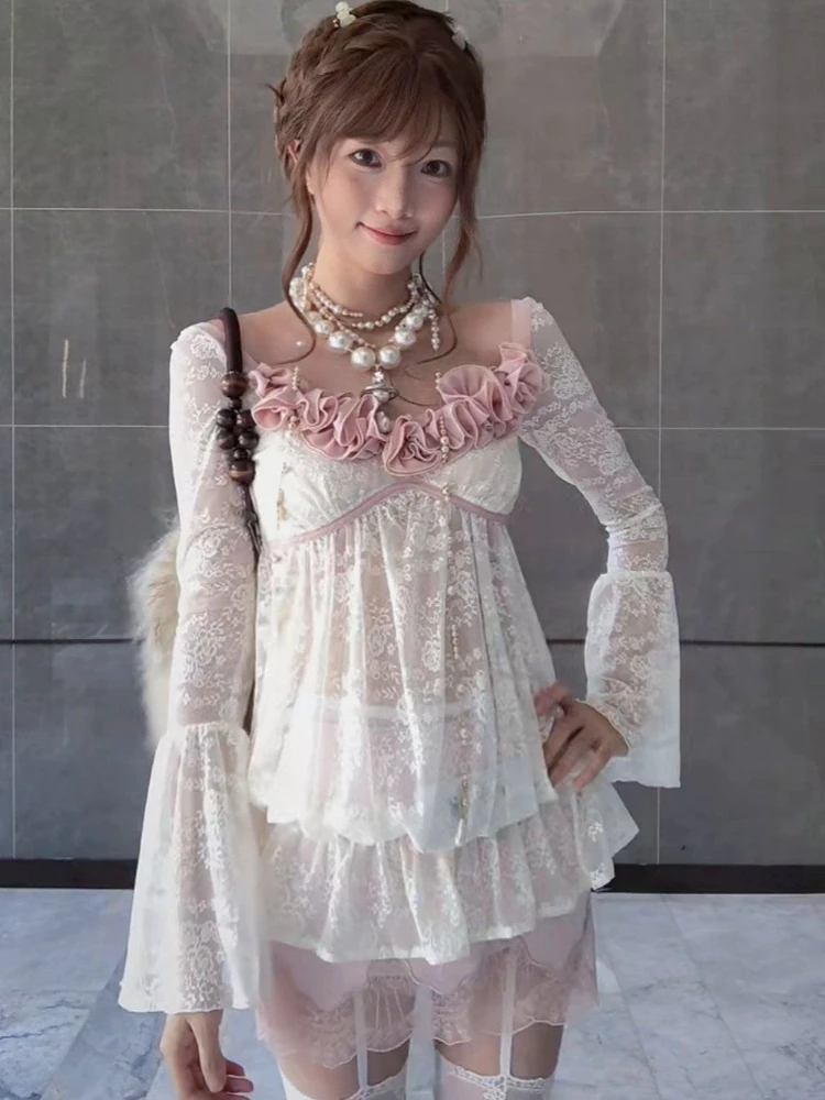 Korean Sweet Coquette Pure Desire Women's Lace Bell Sleeve Top Square Collar Ruffled Flower Ruched Waist Slim Fit Daily Outfit