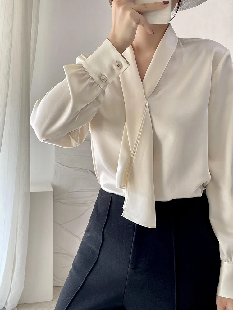 

Elite Commuter Silk Satin Sa irt Smooth Acetate Early Spring New Sle Ele Beige Women's Long Sve Netie irt