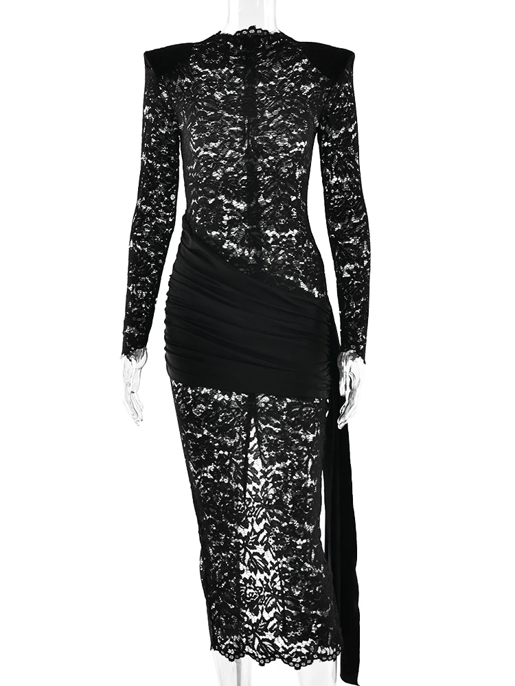 JULISSA MO Sexy Sheer Lace Long Sleeve Women Maxi Dress Shoulder Pads Print Floral Dress Winter Slim Elegant Party Clubwear 2025