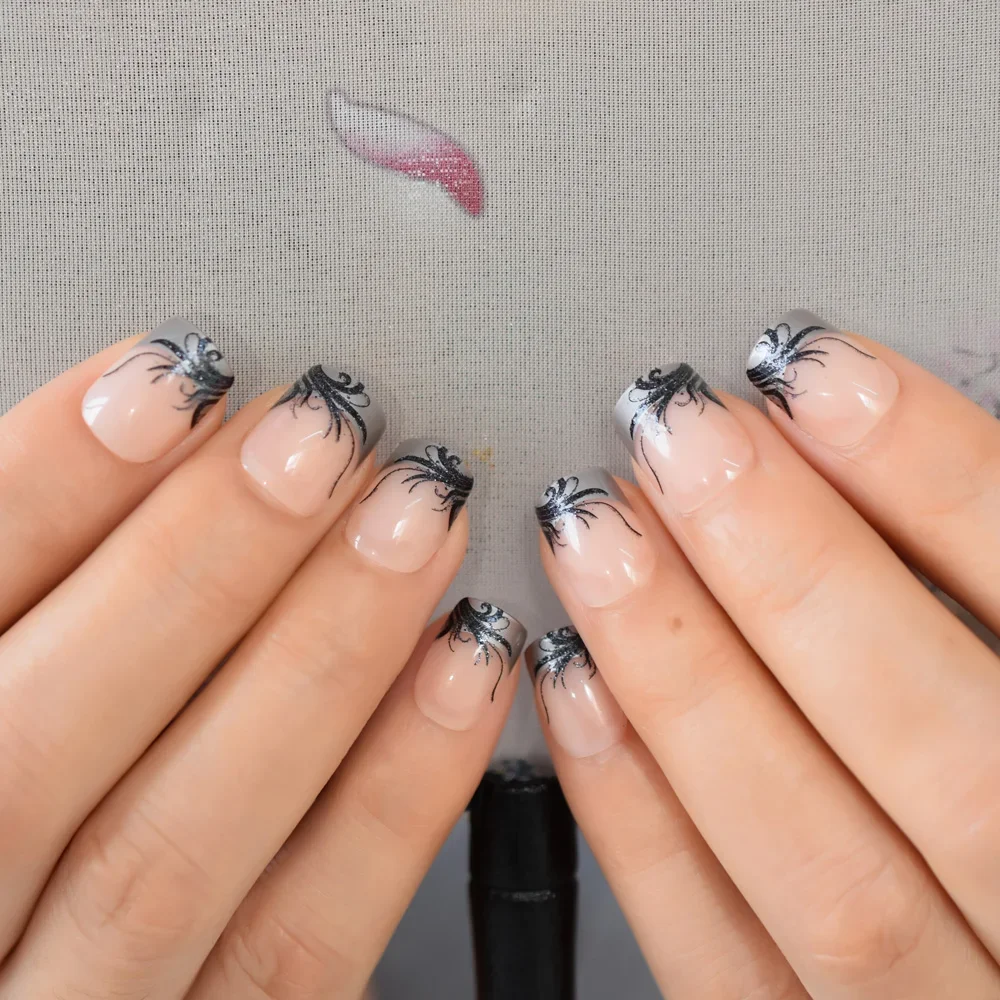 Square Short French Fake Nails with Flower Pattern Decoration