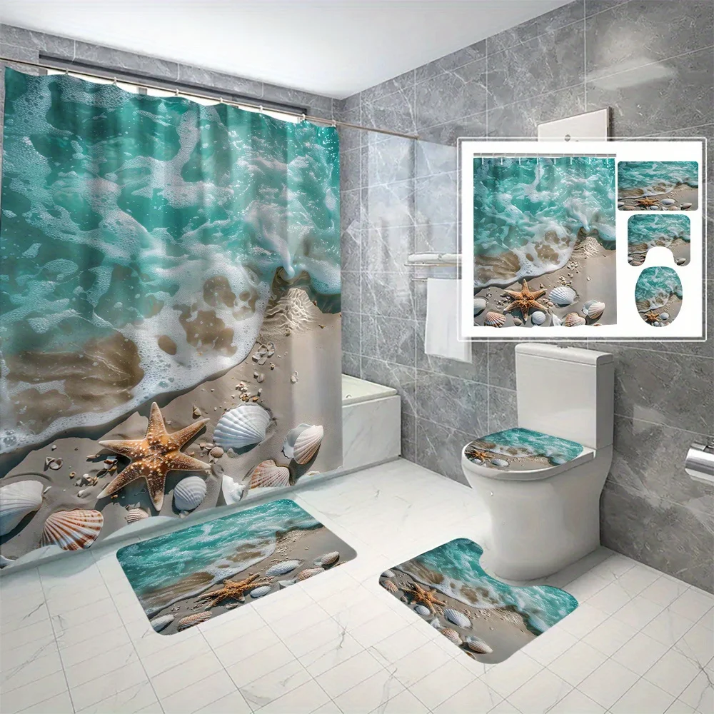 

Набор из 4 предметов прибрежного декора ванной комнаты с цифровым принтом, занавеска для душа, коврик для крышки унитаза, нескользящий коврик, U-образный коврик