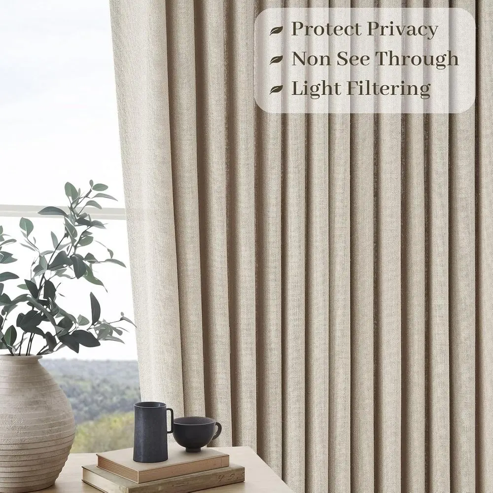 96 rideaux en lin beige gris clair avec plis pincés pour salon et chambre à coucher, 2 panneaux semi-transparents, longueur 8 pieds, filtrage de la lumière