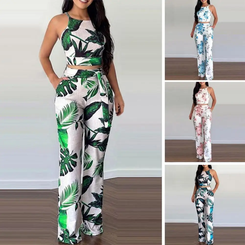 1 Set Excellent Women Costume Long Lasting Women Vest Easy-wearing Summer Two Piece Set Women Wide-leg Pants  Fade-Resistant