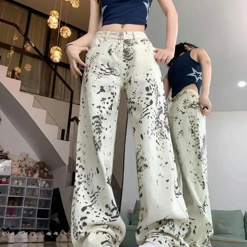 

Y2K Women Jeans American Retro Leopard Print Straight Leg Korean Fashion High Street Casual High Waist Versatile Pants