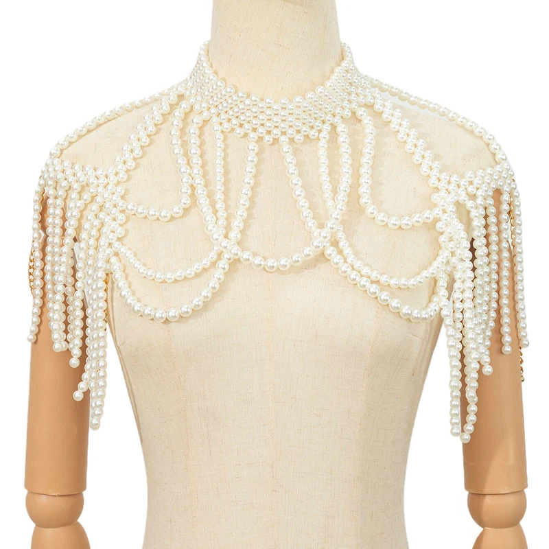 Perlenbesetzte Damen-Halskette, mehrlagige Quasten-Körperkette, Vintage-Exotik-Hochzeitsparty Y2K Crop Top, atmungsaktiv, Oversize – Detail 3