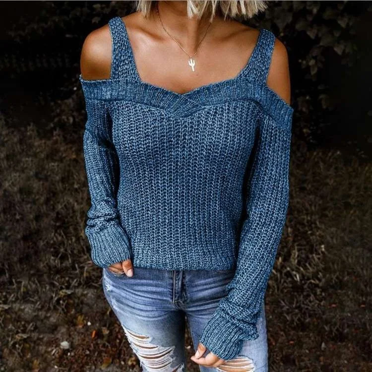 

Sexy Off-the-oulder Knit Sweater Women's Autumn New Street Sle Bright Tead Long Sve Ultra-Thin Polyester Fiber
