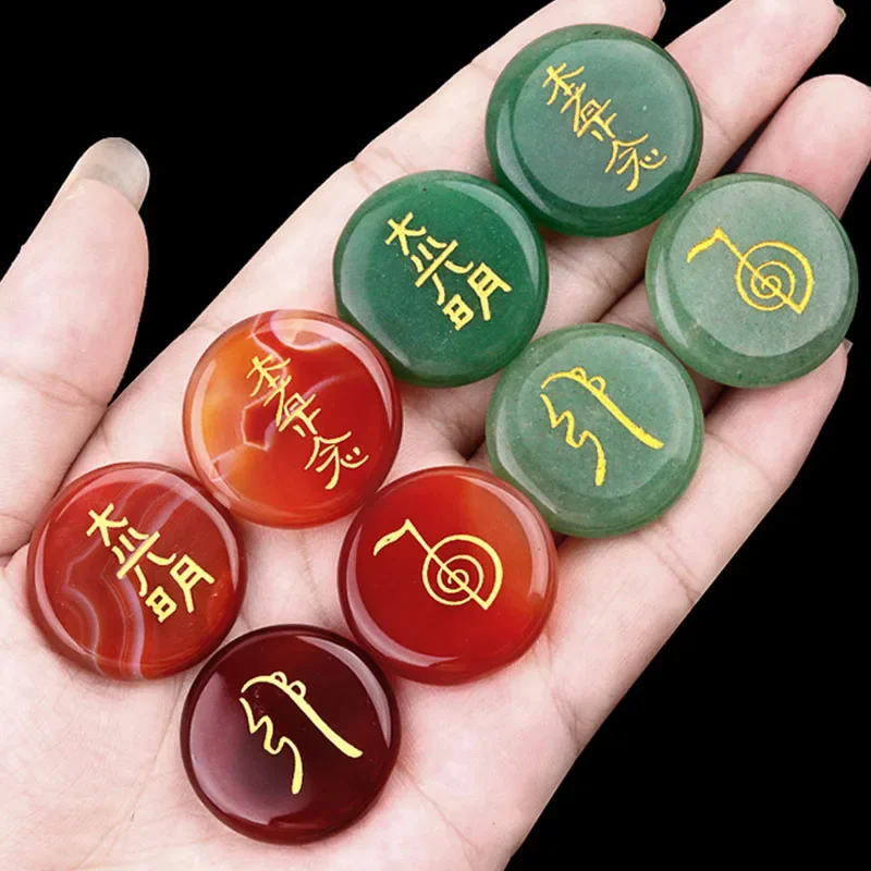4Pcs Natural Stones Engraved Chakra Cho Ku Ray Symbols Reiki Crystals and Healing Stones Polished Palm Stones