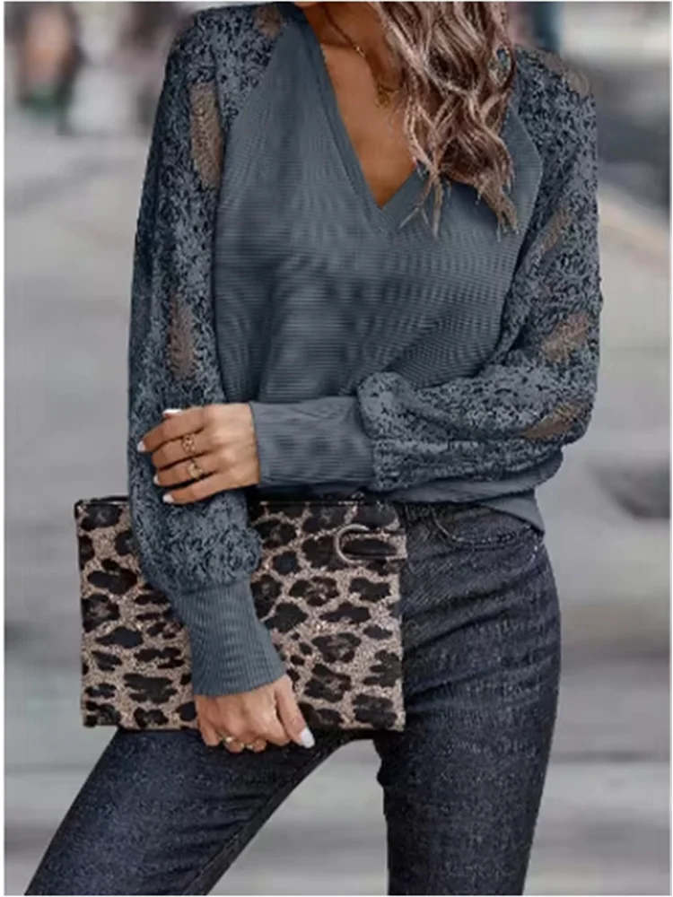 Solid Color V-neck Lantern Long Sleeved T-shirt Women's Sexy Lace Elegant Daily Fashion Style Autumn Top