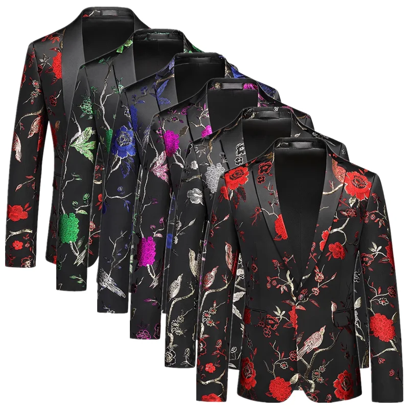 

Модный мужской роскошный жаккардовый костюм для свадебной вечеринки, куртка на одной пуговице, фрак для выступлений на сцене, платье, блейзер с цветочным принтом