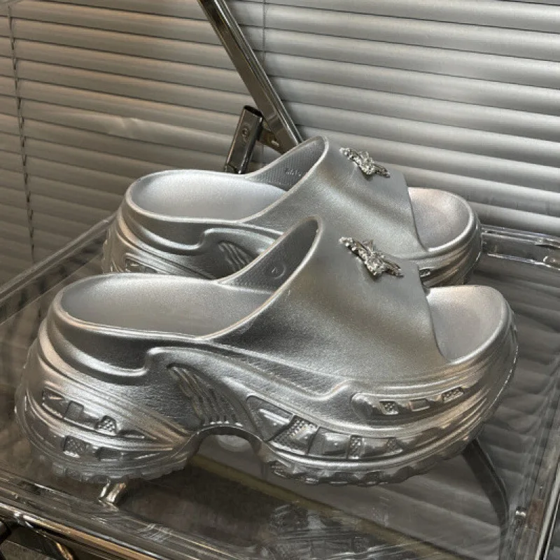 

New Super High 9 cm Platform Slippers Woman Summer Wedge Slides Shoes Women's Outdoor Sexy Slippers Elevated Shoes Silver Scuffs