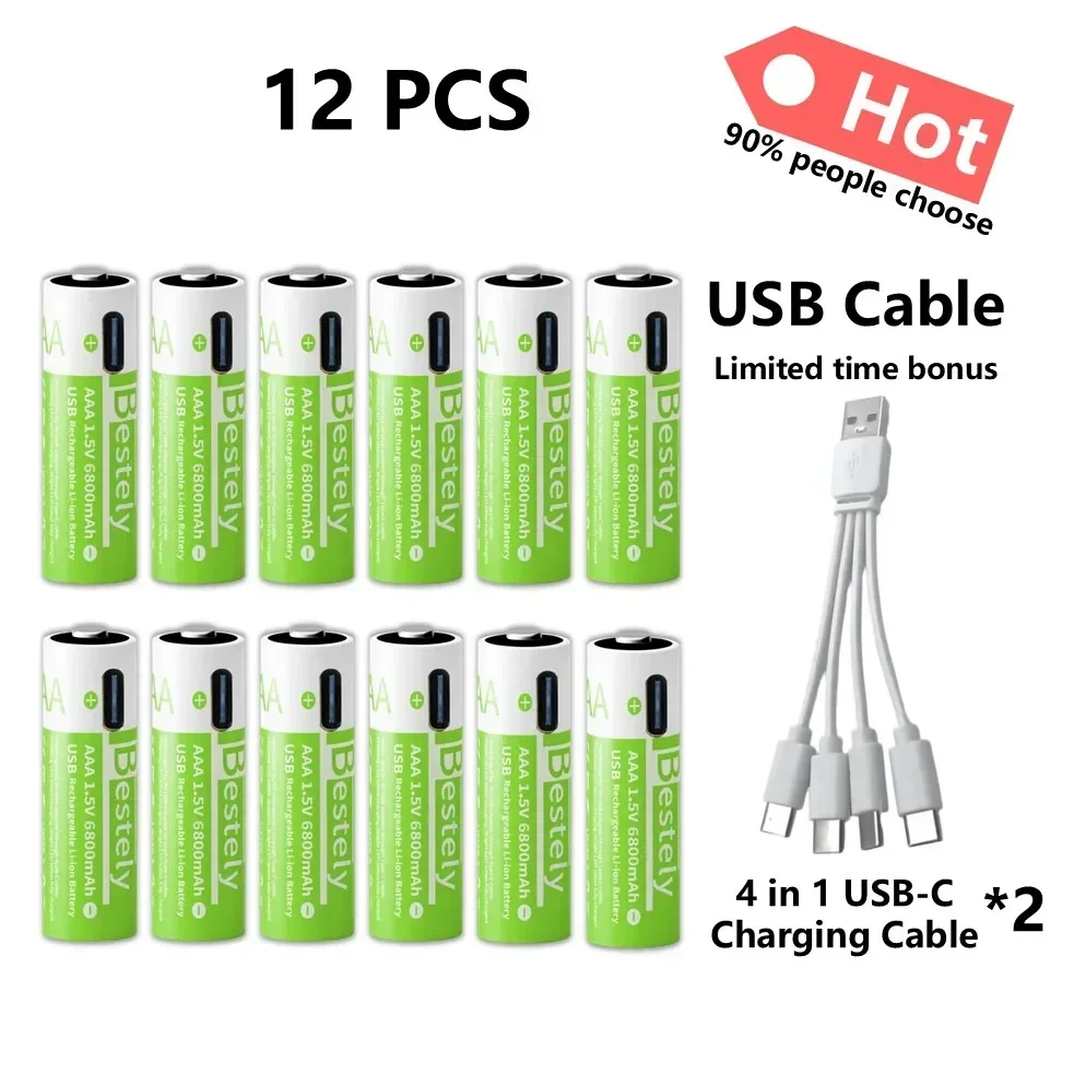 2025 Pro 1,5 V AAA 6800 mAh oplaadbare batterij, Type-C snel opladen Li-ionbatterijen, 2000 cycli LED-indicator met gratis kabel