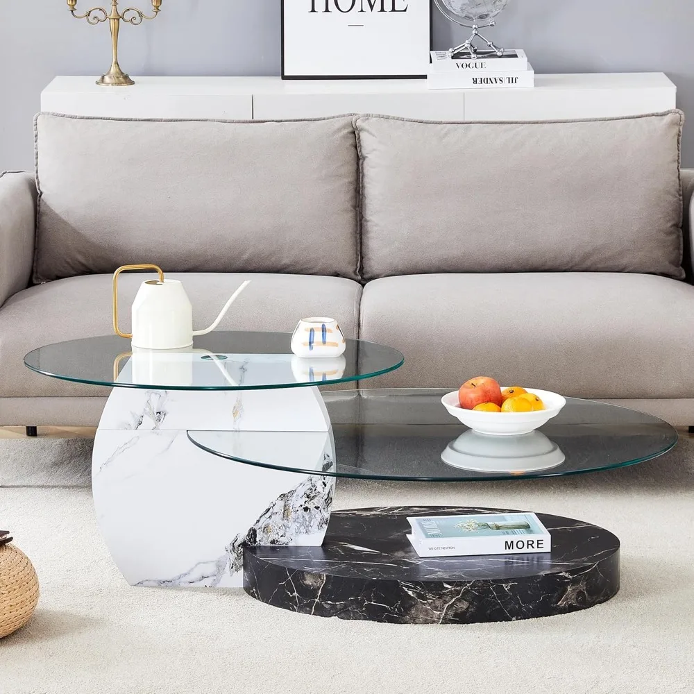 47" Glass Coffee Table, Oval Coffee Table, 3-Tier Design with Oval Tempered Glass Tabletop and White Black Color Wooden Base, La