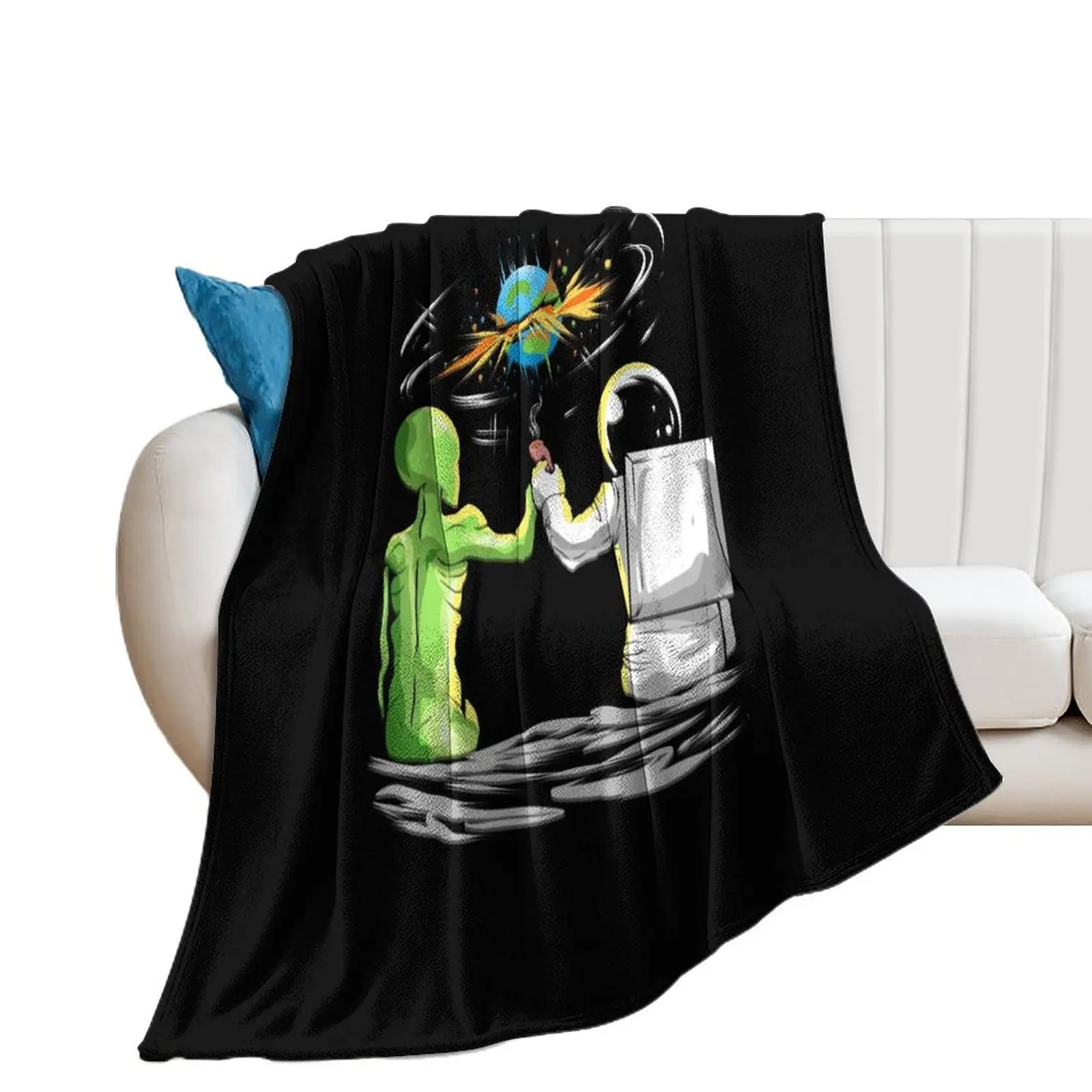 Stoner Astronaut Reggae Alien Smoking Weed Pipe Throw Blanket Plush Bed linens Cute Plaid Blankets