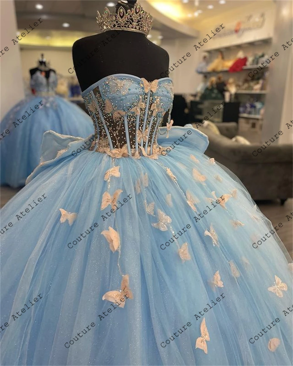 Butterflies Bow Light Blue Tulle Quinceanera Dresses Sweetheart Ball Gown Sweet Sixteen Dress Wedding Gowns vestidos de 15 quin