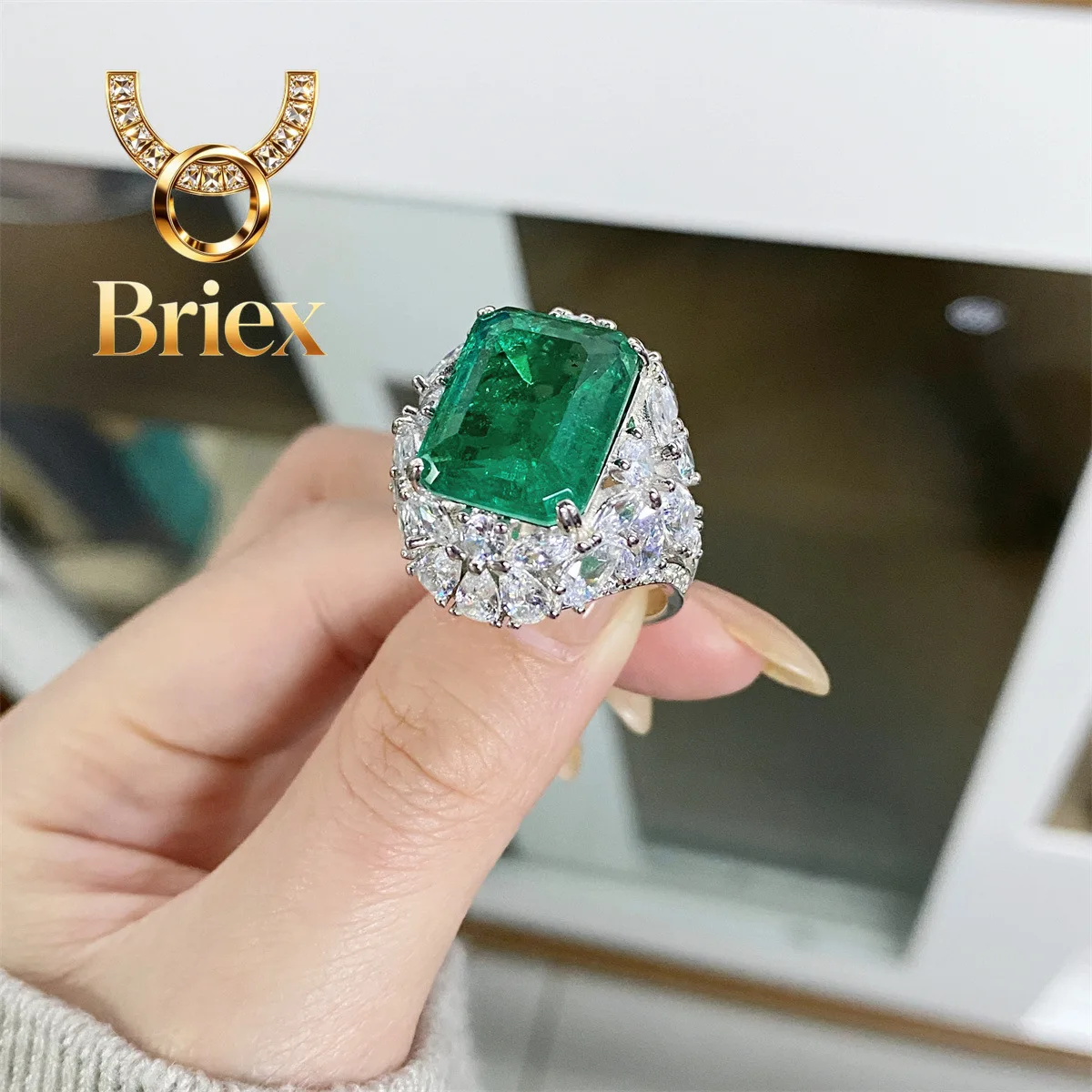 

Briex Jewelry Luxury Solid Platinum PT950 Emerald Cut Diamond Ring Full Diamond Moissanite Ring