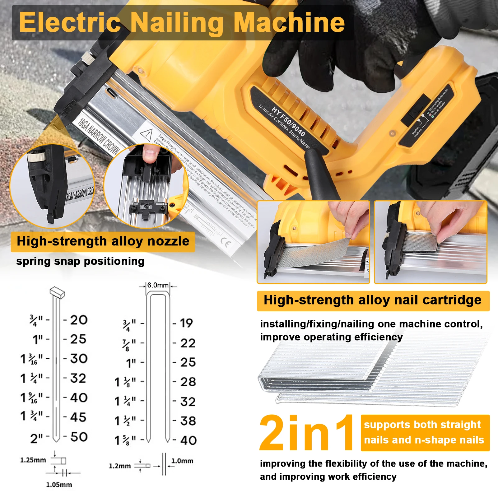 Wireless Cordless Nailing Machine Electric Stapler Woodworking Nailer with 200pcs 32mm and 200pcs 50mm Nails Power Tool