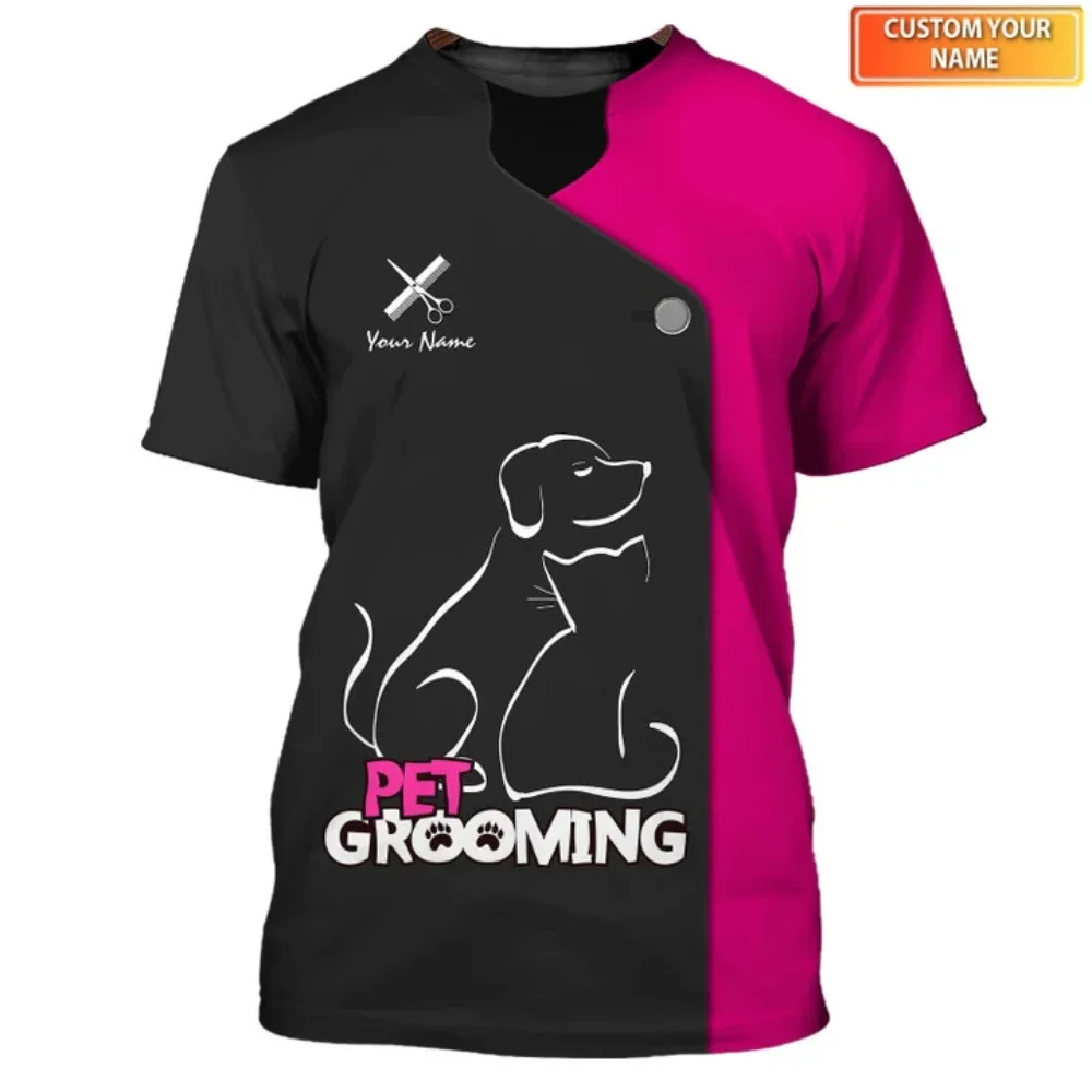 Dog Grooming Customized Name T Shirt for Men and Women Short Sleeve Tops Uniform Pet Groomer Uniform Loose Casual Tee EU XS-6XL