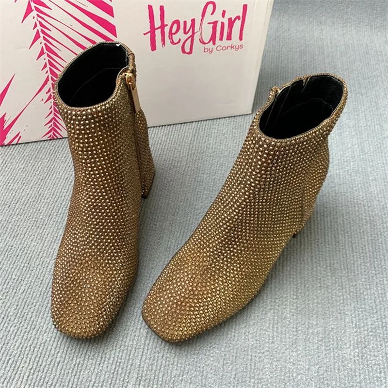 FHANCHU Sequince Cloth Winter Shoes.Anke Boots,Women High Heels Chelsea Booties,Side Zipper,Square Toe Botas,Brown,Dropship