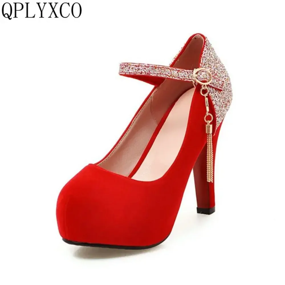 QPLYXCO New Big Size 32-43 Women High Heels11cm Shoes Ladies Fashion Pumps Round Toe Party Dance Wedding Platform Shoes A07