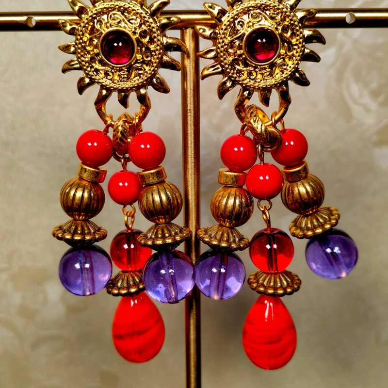 

Medieval style fashion personality flower glass earrings Luxury large gemstone bells tassel earrings Women's statement jewelry