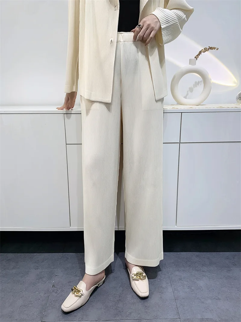 YUDX Pleated Women 2 Piece Set 2023 Autumn New Versatile Loose Large Size Casual Jacket + Straight High Waist Wide Leg Pants Set