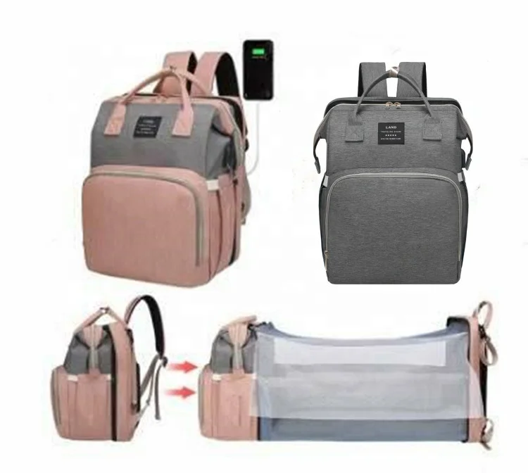 hot sale multifunction large capacity USB mommy bag with bed net foldable crib backpack diaper bag with baby bed In Stock