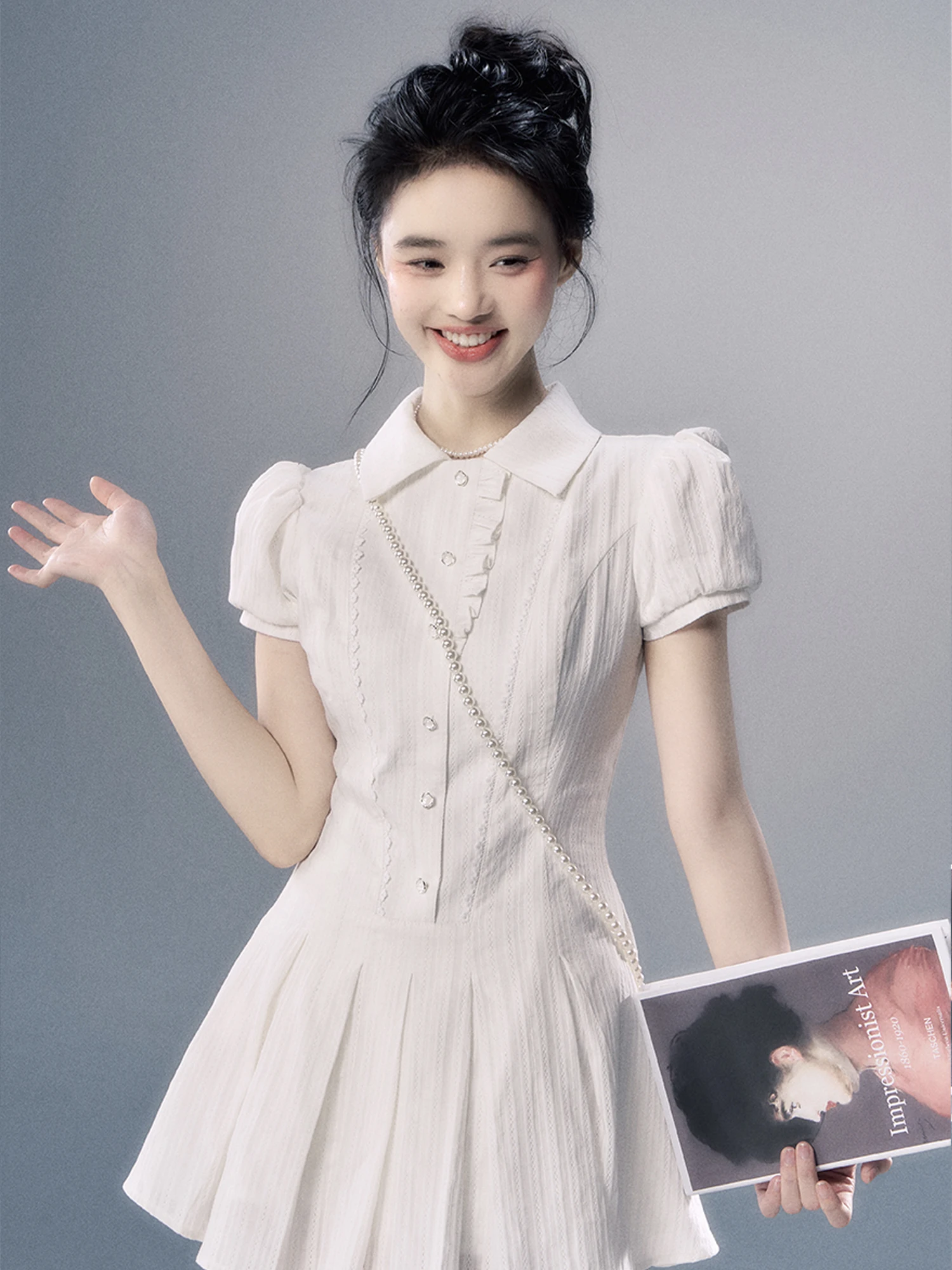 하이 퀄리티 우아한 원피스 A 라인 반팔 셔츠, 옷깃 원피스, 통근 대학 버블 슬리브, 매콤한 소녀 티 브레이크 원피스 Y2k 