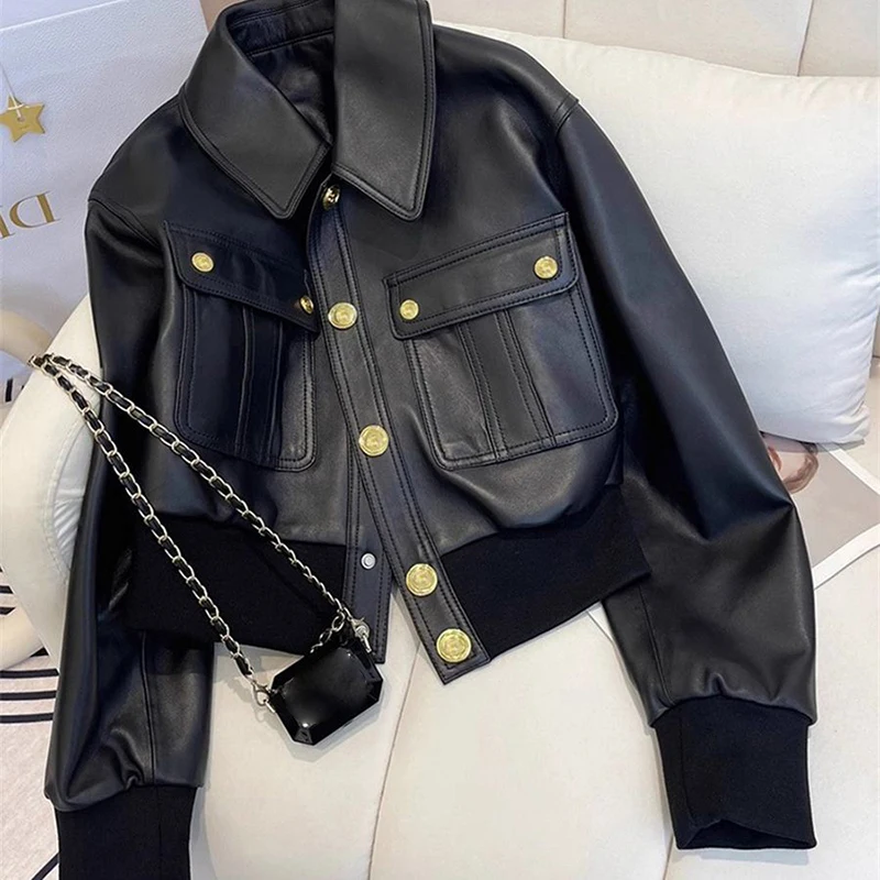 Chic Black Lapel Women Jacket Gold Buttons Flap Pockets Moto Short Coat Cropped Ribbed Trim Y2K Biker Streetwear Outerwear Top