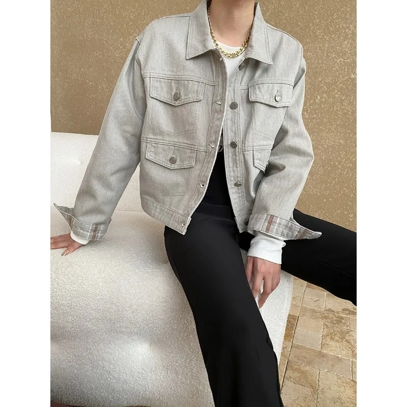 Vintage Washed Grey Lapel Short Silhouette Denim Jacket