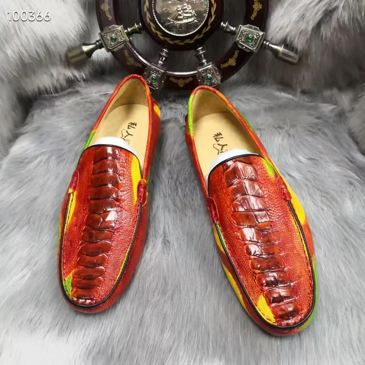 

100% Genuine real ostrich skin men flat shoe quality red color Ostrich leg leather Flat Loafers men sneaker with cow lining