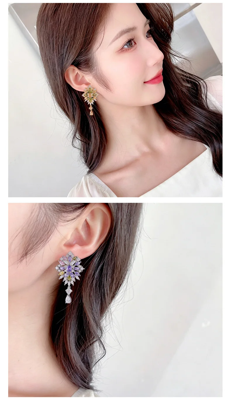 Stylish Multicolor Zircon Flower Cluster Dangle Earrings Water Drop Long Tassel Women Evening Party Daily Ear Accessories
