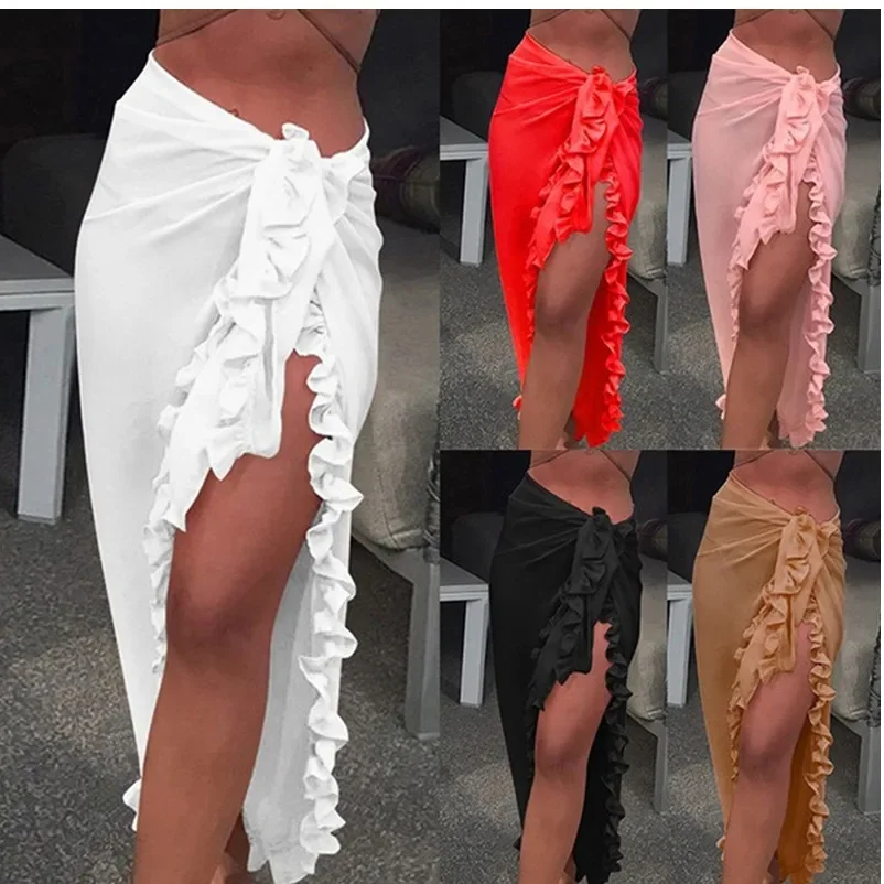 Women Chiffon See-Through Beach Bikini Cover Up Wrap Scarf Swimwear Pareo Sarong Dress Solid Ruffle Casual Beach Dress