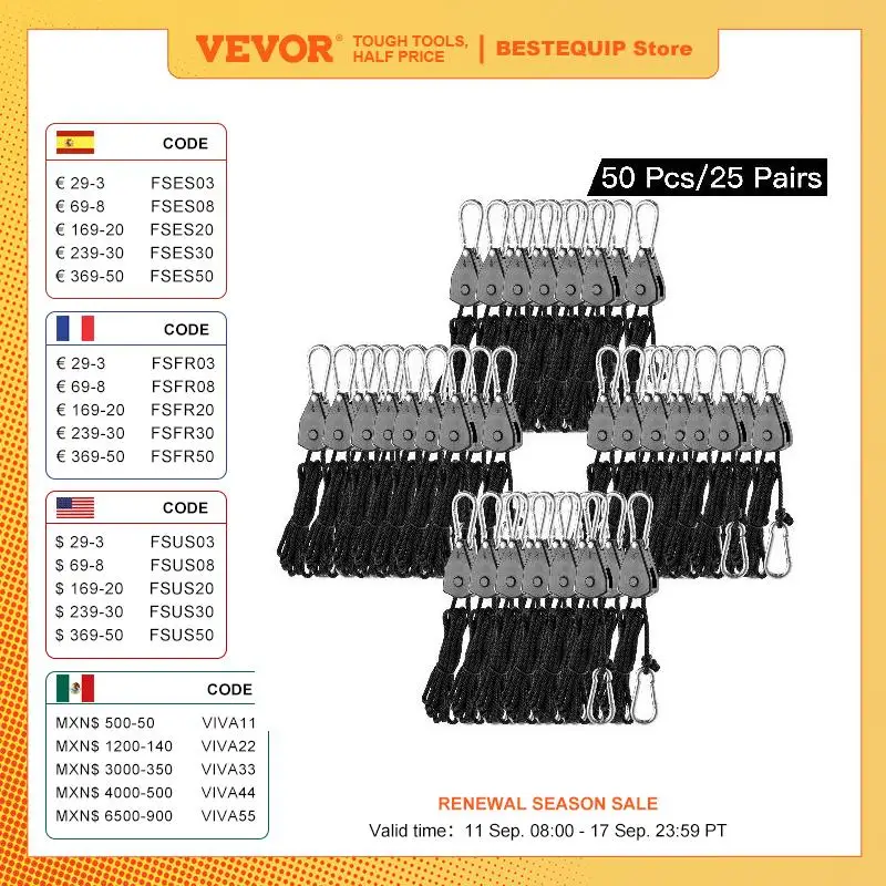 VEVOR-colgador de Clip de cuerda ajustable de alta resistencia, Kit de luz de cultivo, trinquete colgante, canoa, pajarita, 4-98 piezas, 6 pies de