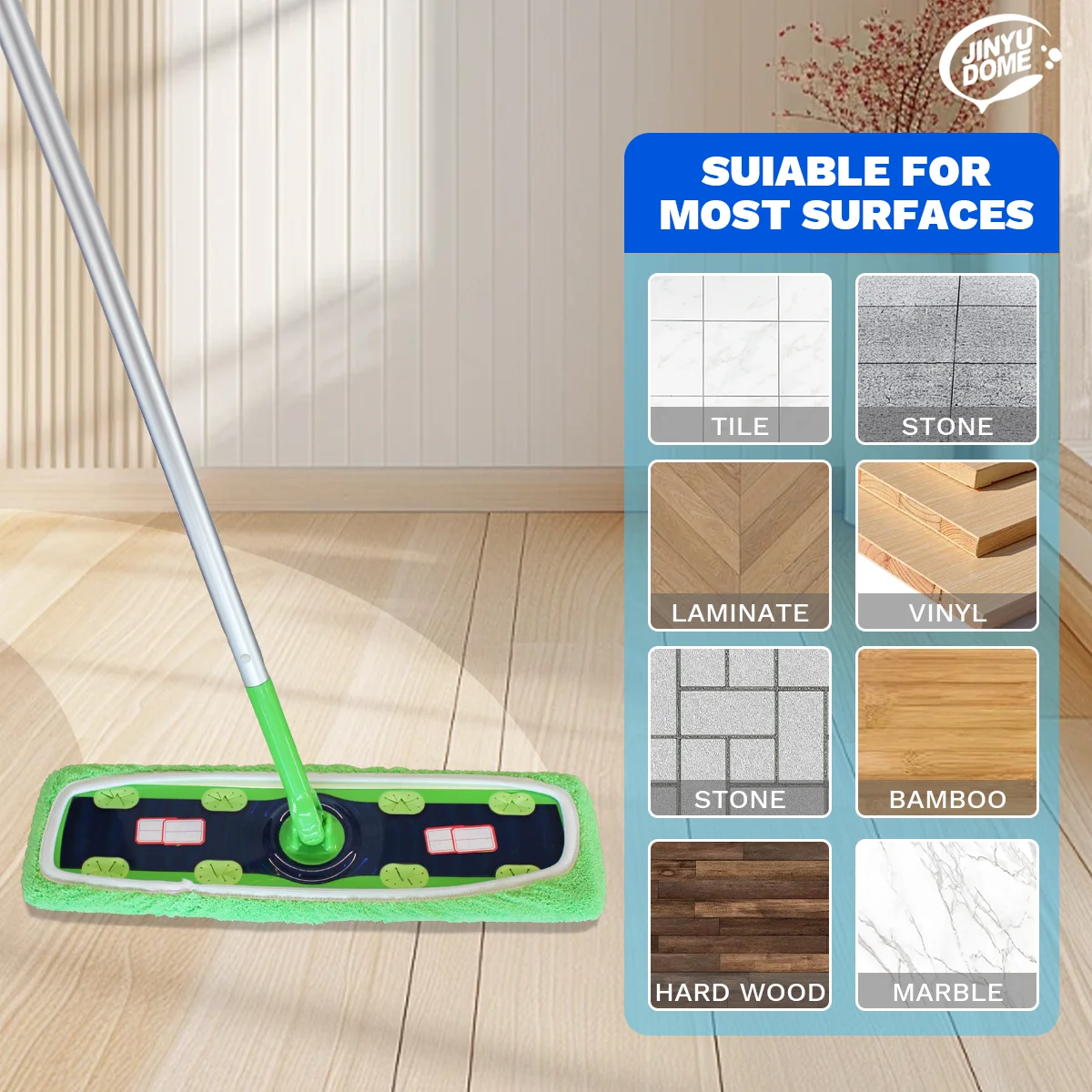 JINYUDOME 3Pcs Reusable Microfiber Mop Pads For Swiffer XL Sweeper Refills Washable Green Dry & Wet Mopping Floors Cloths 17“*5”