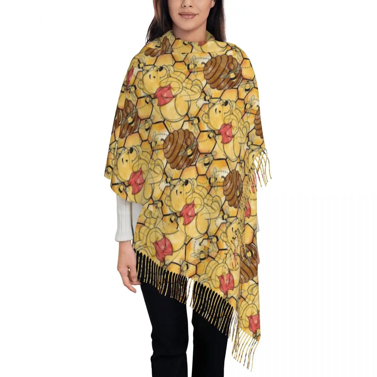 

Womens Scarf with Tassel Sketched Bear In The Honey Tree Large Winter Warm Shawl and Wrap Winnie the Pooh Gifts Pashmina Scarves