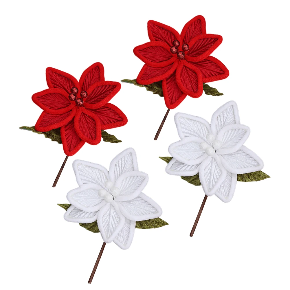 

4pcs Christmas Flowers Artificial Poinsettia Decorations Soft Holiday Tree Ornament Fade Resistant Fake Plants for Home Party