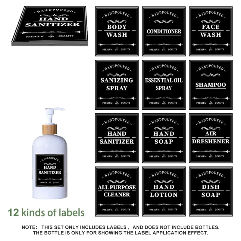 12PCS Bathroom Labels Sticker Waterproof Labels Hand Soap Storage Jar Label Sticker Shampoo Conditioner Lotion Bottle Labels Set