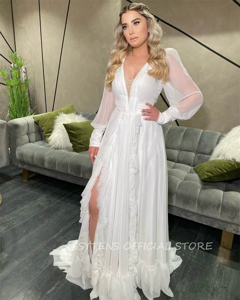 Boho Beach Chiffon V Neck Full Sleeves Formal Wedding Dresses Side Slit Bridal Gowns Dress Formal 2024 Ruffles Rode De Morrie