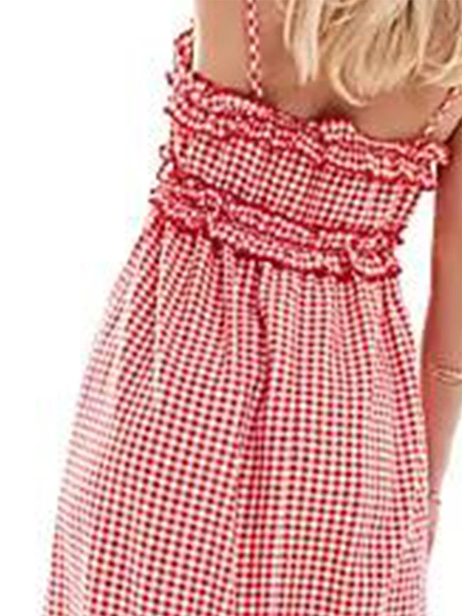 Women Long Dress Plaid Ruffles Sleeveless Spaghetti Strap Dress Summer Casual Cami Dress